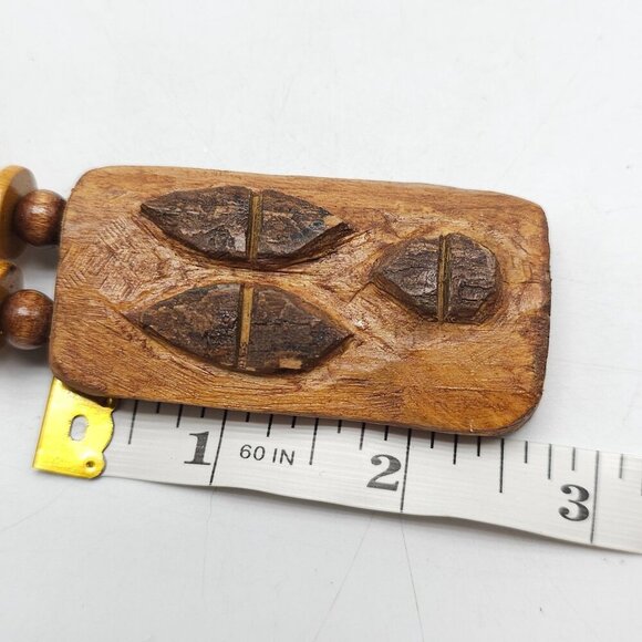 Handmade Wooden Beaded Necklace With Carved Tribal Pendant No Clasp - Picture 7 of 8